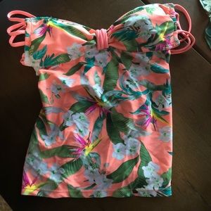 STUNNING Strappy Sexy Tropical Coral Tankini Top Low Back in EUC Perfect…